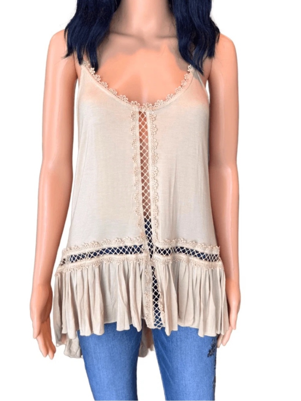 NWT POL Cream Boho Ruffle High Low Tunic Tank Top Small New Oversized Sleeveless - Picture 2 of 6